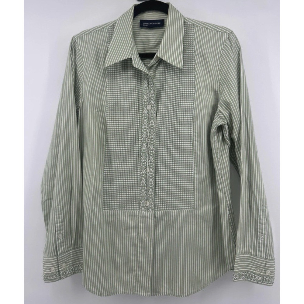 Jones New York Sage Green Pleated Tuxedo Cottagecore Button Down Shirt L Chic